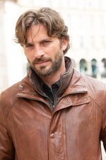 Bison-colored stand-up collar leather jacket with removable facing - Image n°4