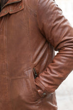 Bison-colored stand-up collar leather jacket with removable facing - Image n°5