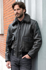 Aged leather aviator jacket with fur collar - Image n°1