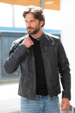 Men's navy blue vegetable leather jacket with biker collar - Image n°15