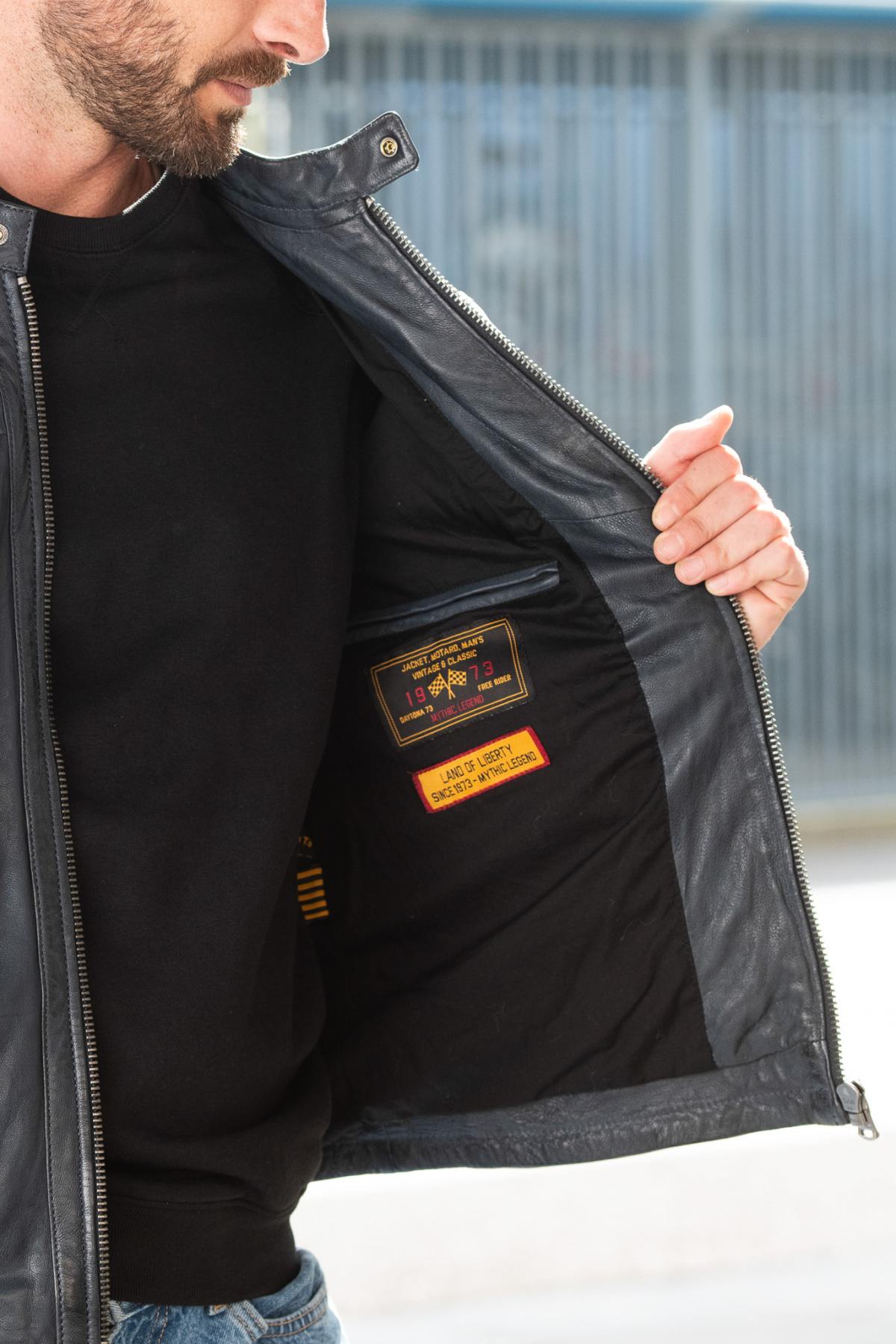 Men's navy blue vegetable leather jacket with biker collar - Image n°7