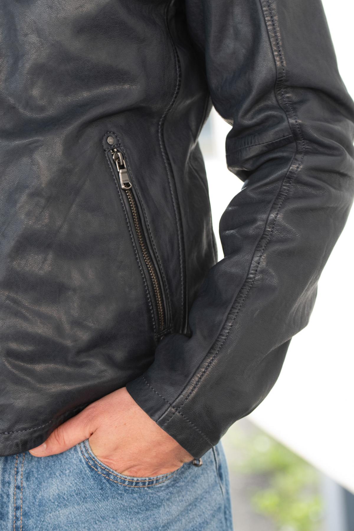 Men's navy blue vegetable leather jacket with biker collar - Image n°5