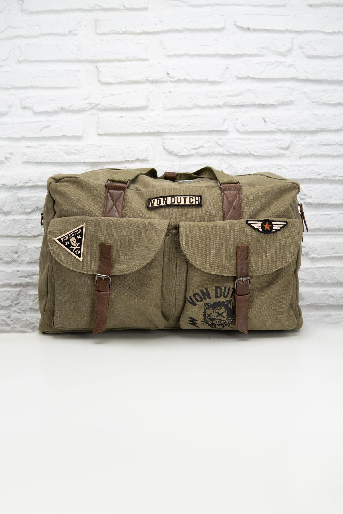 Khaki messenger bag with patches - Image n°1