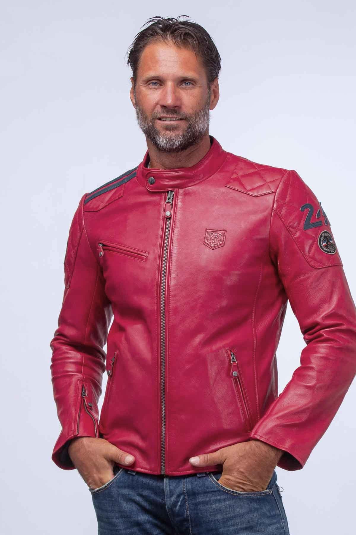 Red racing leather jacket with biker collar - Image n°2