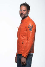 Orange leather jacket with biker collar - Image n°6