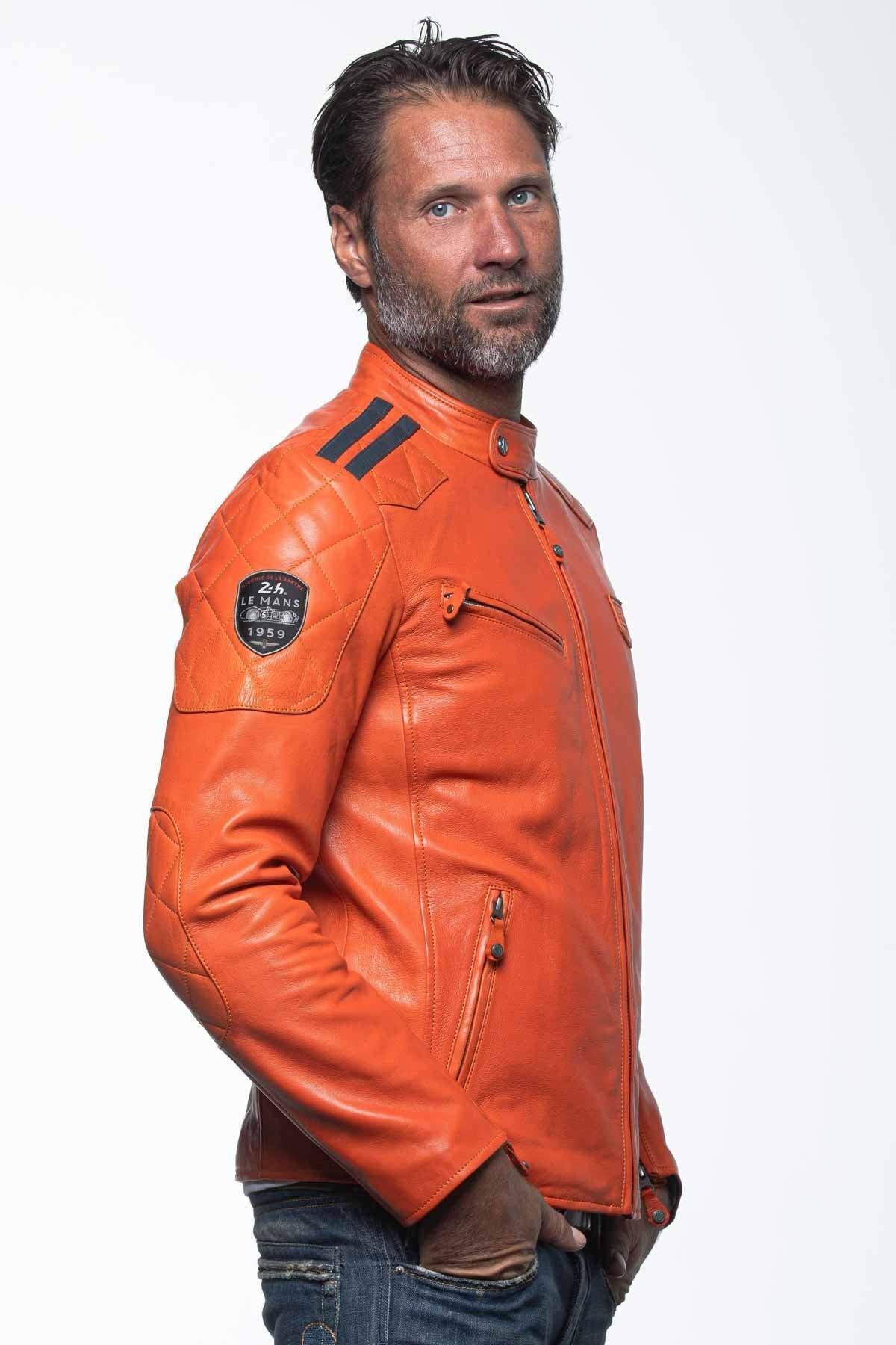 Orange leather jacket with biker collar - Image n°2