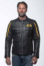 Black leather jacket with biker collar and yellow stripes - Image n°2