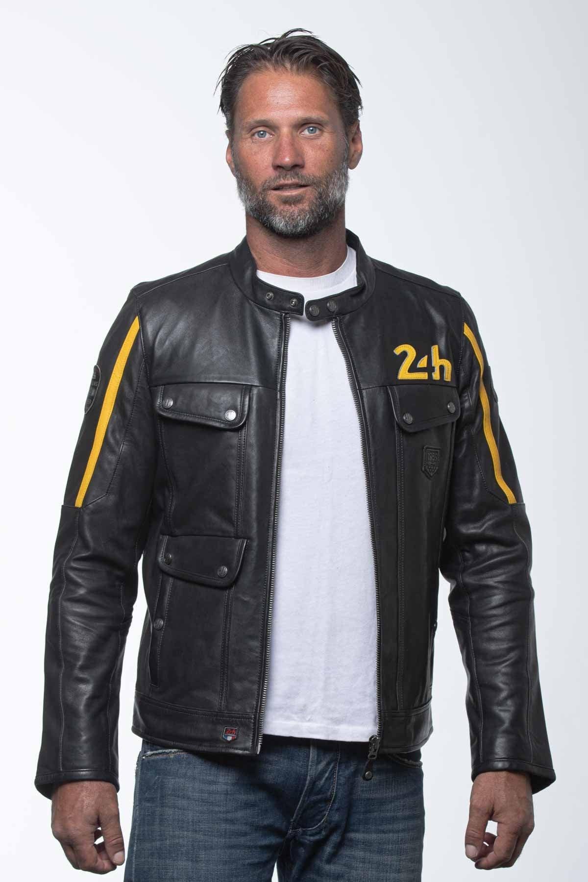 Black leather jacket with biker collar and yellow stripes - Image n°1