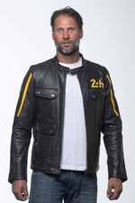 Black leather jacket with biker collar and yellow stripes - Image n°1