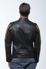 Black leather jacket with biker collar and yellow stripes - Image n°3