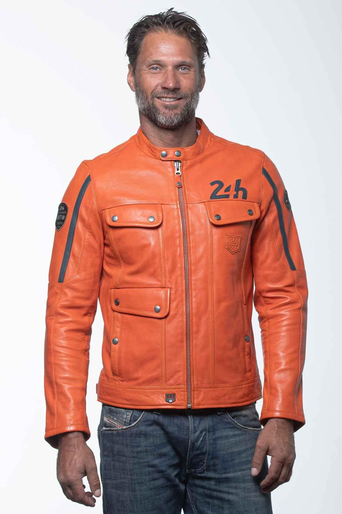 Orange leather jacket with biker collar and navy blue stripes - Image n°5