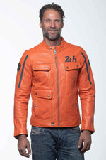 Orange leather jacket with biker collar and navy blue stripes - Image n°5