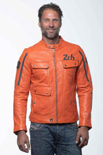 Orange leather jacket with biker collar and navy blue stripes - Image n°5