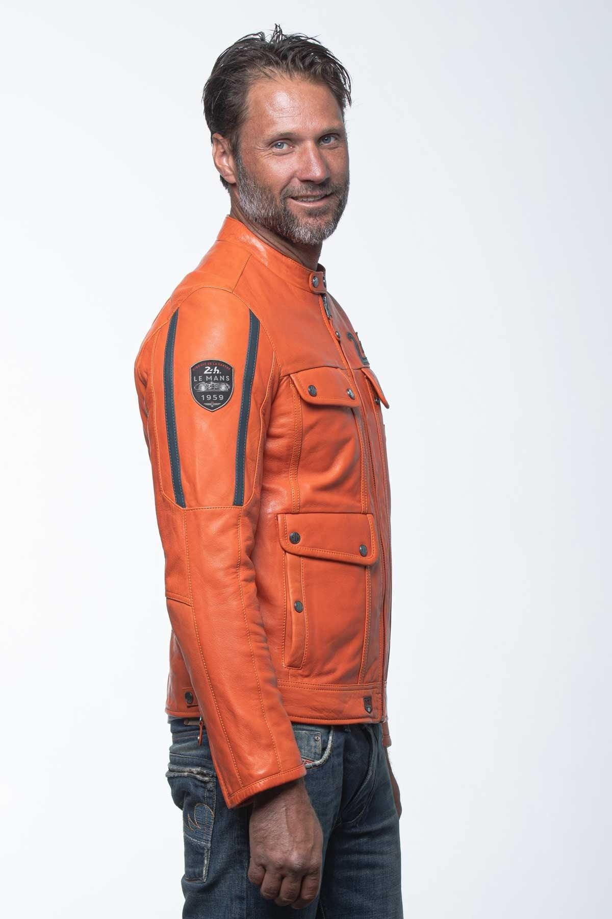 Orange leather jacket with biker collar and navy blue stripes - Image n°3