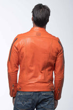 Orange leather jacket with biker collar and navy blue stripes - Image n°2