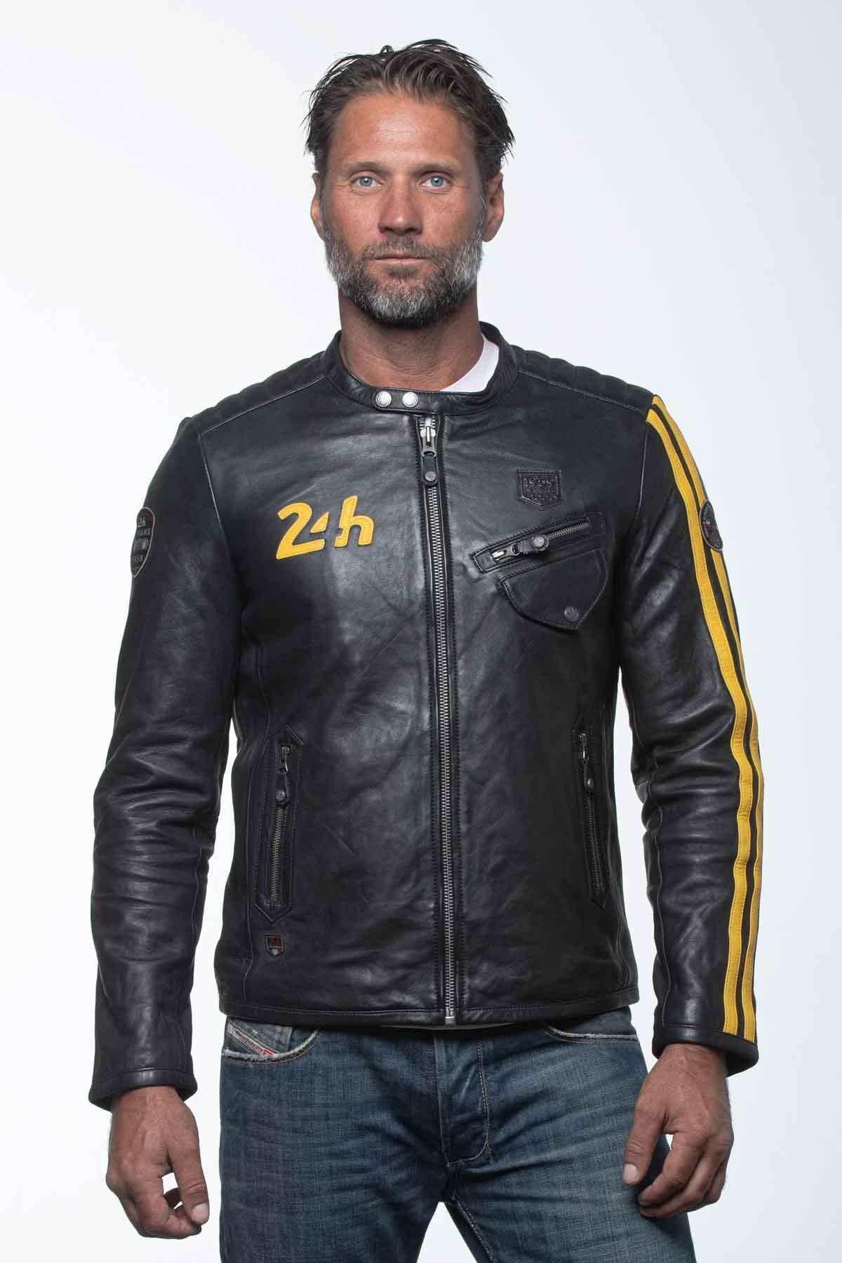 Black leather jacket with racing biker collar - Image n°1
