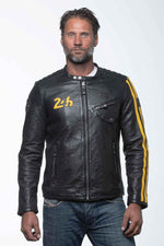 Black leather jacket with racing biker collar - Image n°1