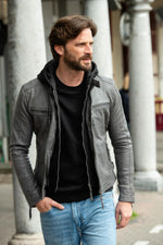 Grey leather jacket with biker collar and removable hood - Image n°1