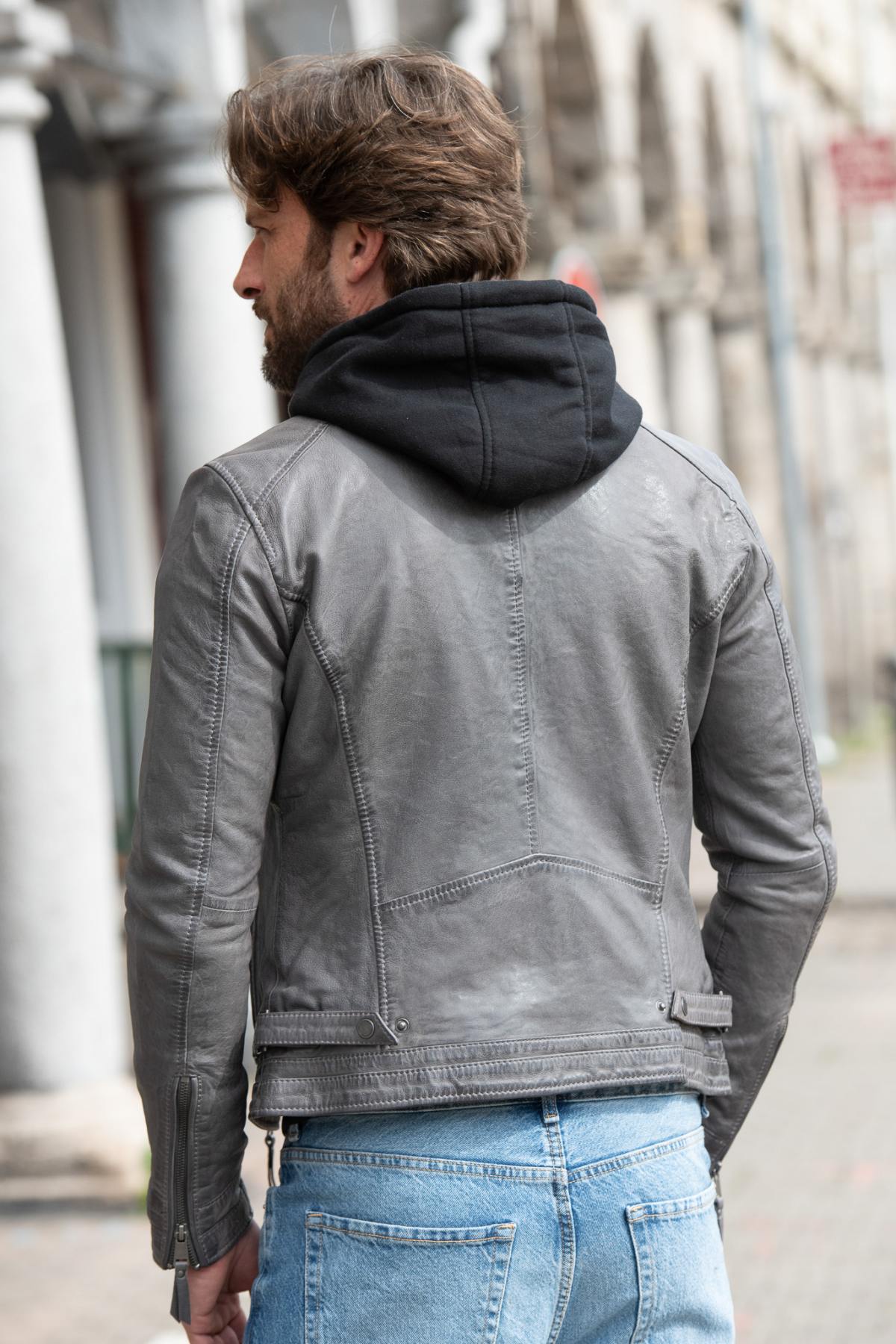 Grey leather jacket with biker collar and removable hood - Image n°2