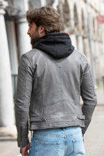 Grey leather jacket with biker collar and removable hood - Image n°2