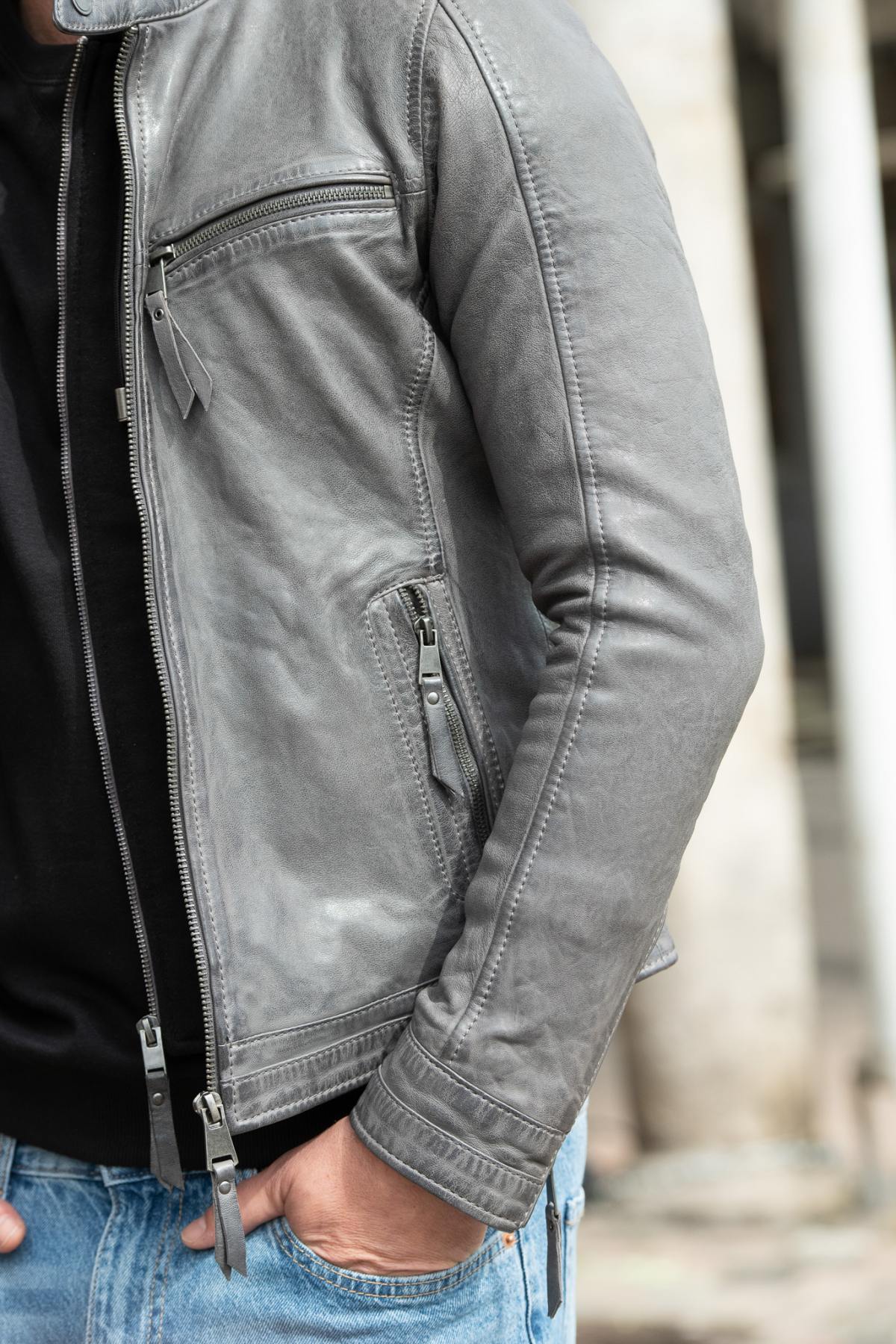 Grey leather jacket with biker collar and removable hood - Image n°4