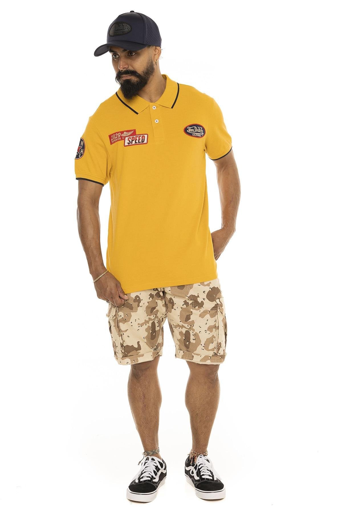 Yellow cotton twill polo shirt with badges - Image n°4