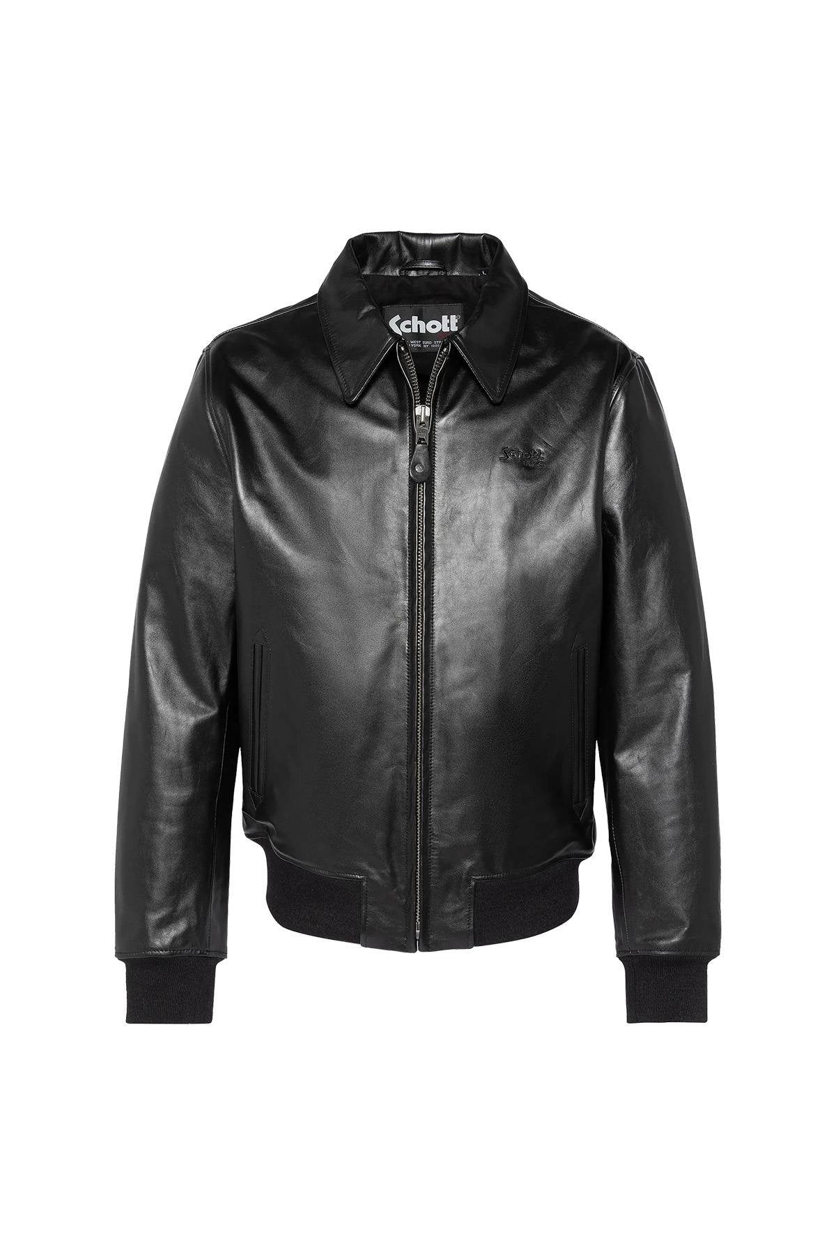 Black leather jacket with shirt collar and ribbed edges - Image n°5