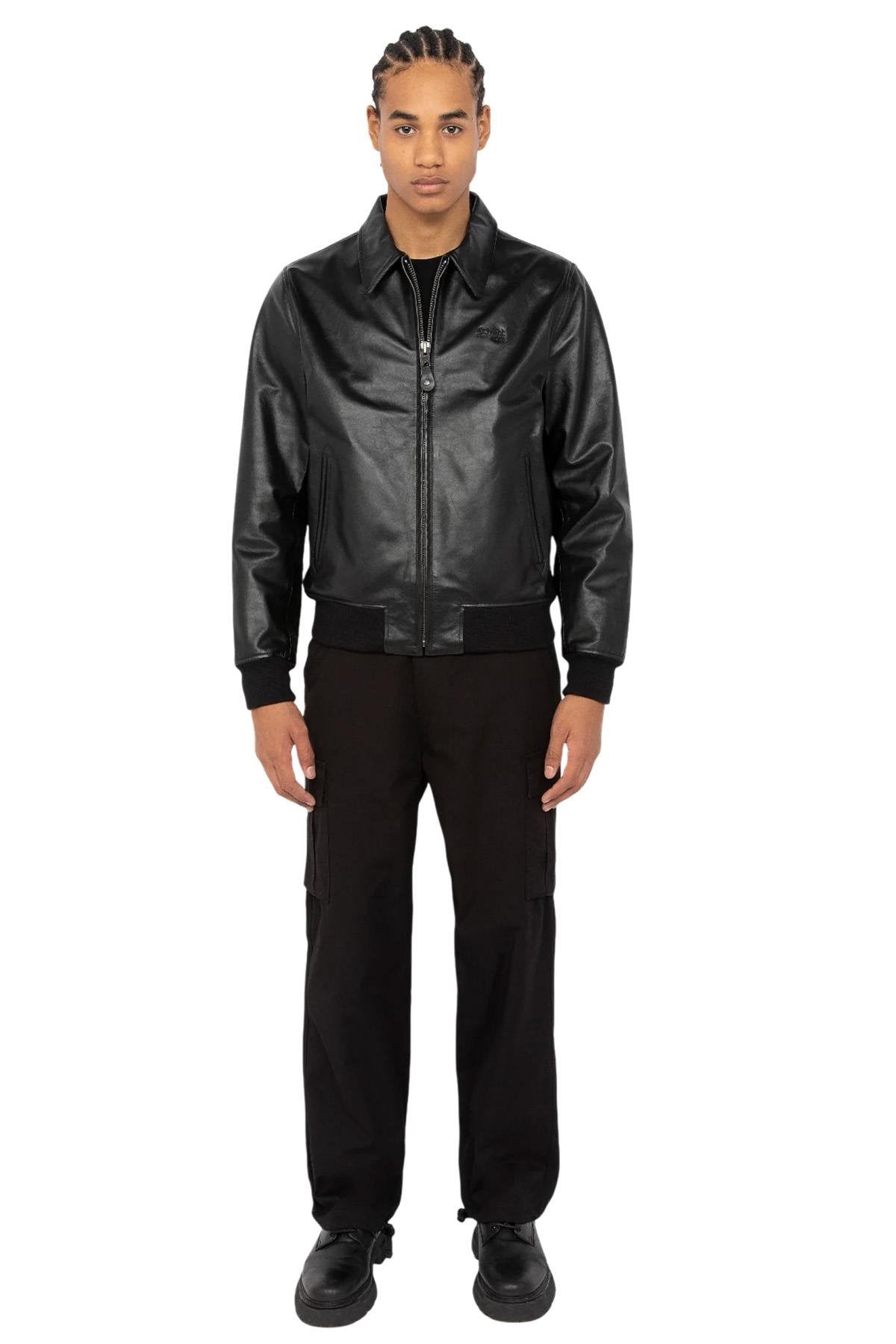 Black leather jacket with shirt collar and ribbed edges - Image n°7