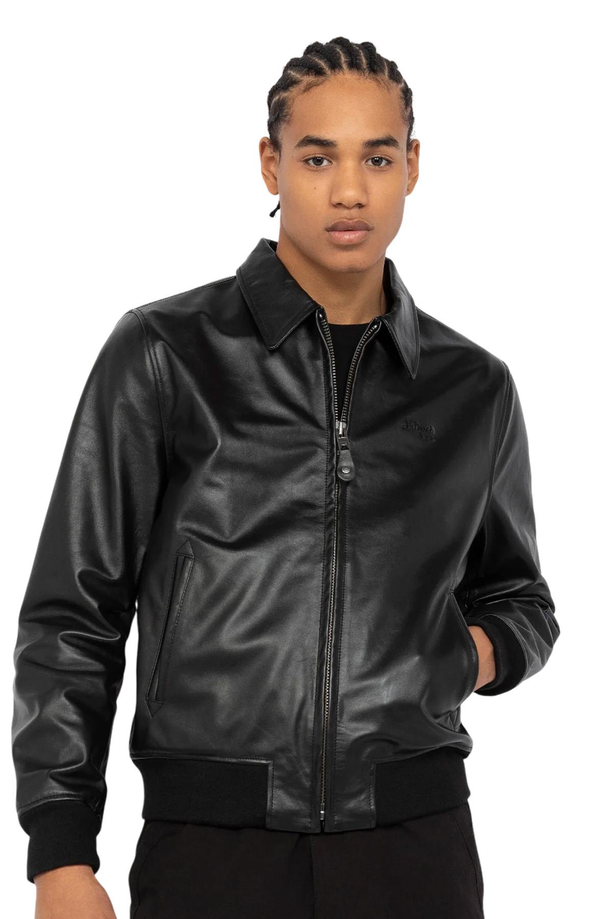 Black leather jacket with shirt collar and ribbed edges - Image n°1