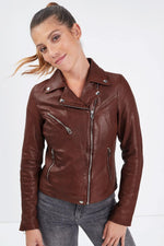 Women's bison-colored leather biker jacket - Image n°1