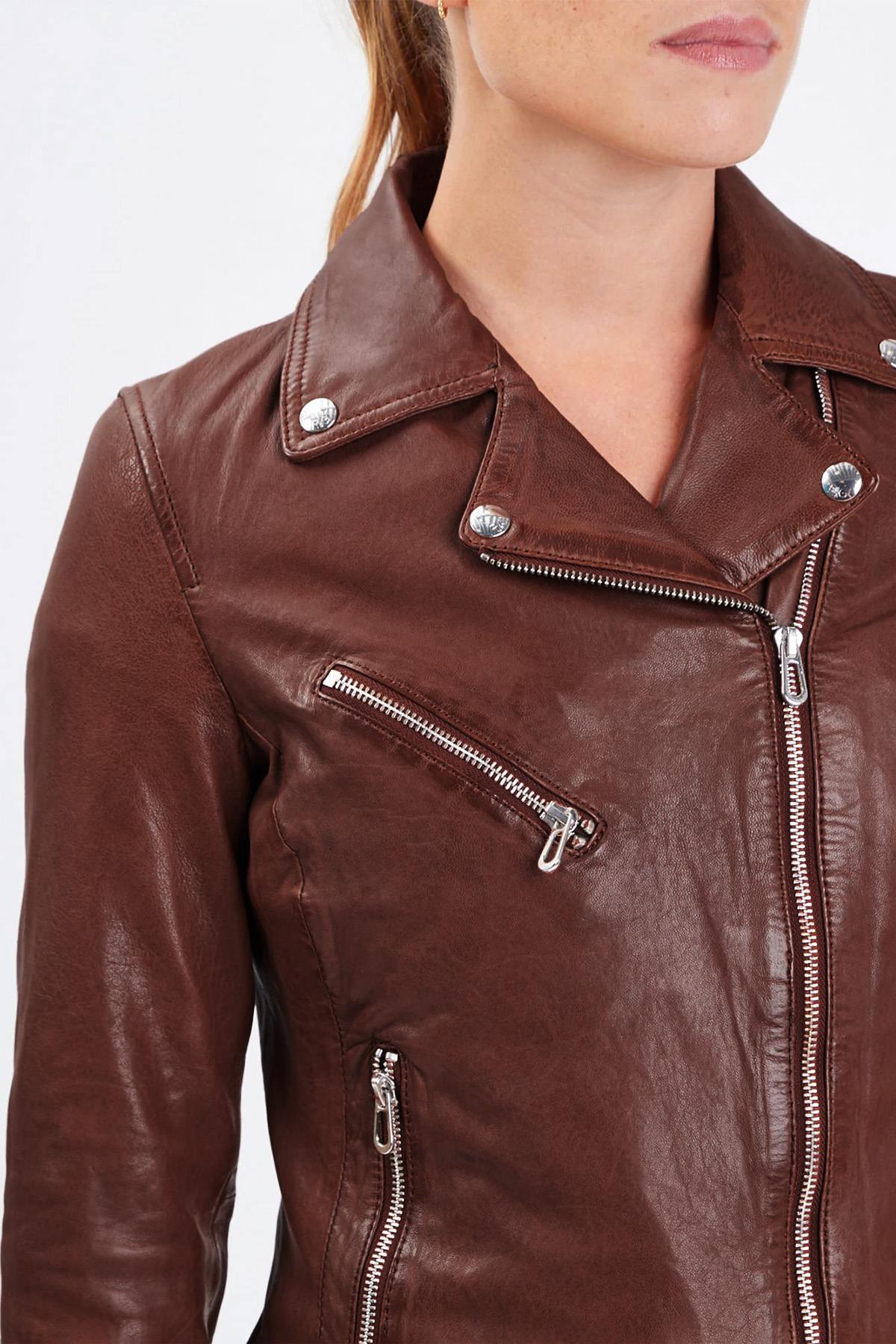 Women's bison-colored leather biker jacket - Image n°3