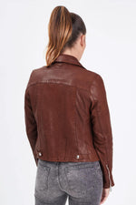 Women's bison-colored leather biker jacket - Image n°4