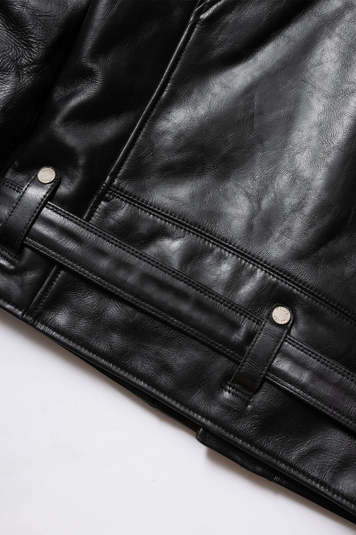 Black vegetable-tanned cowhide leather biker jacket - Image n°10