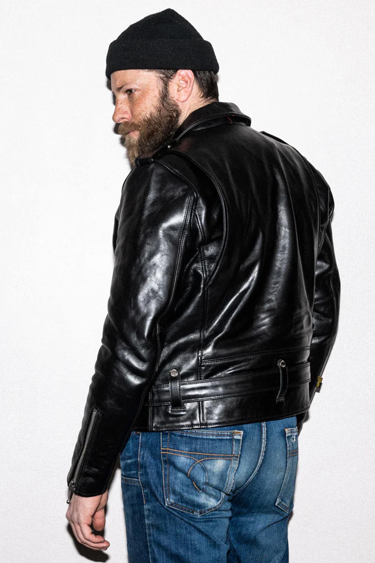 Black vegetable-tanned cowhide leather biker jacket - Image n°15