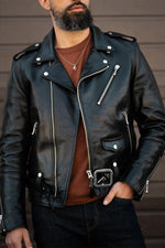 Black vegetable-tanned cowhide leather biker jacket - Image n°4