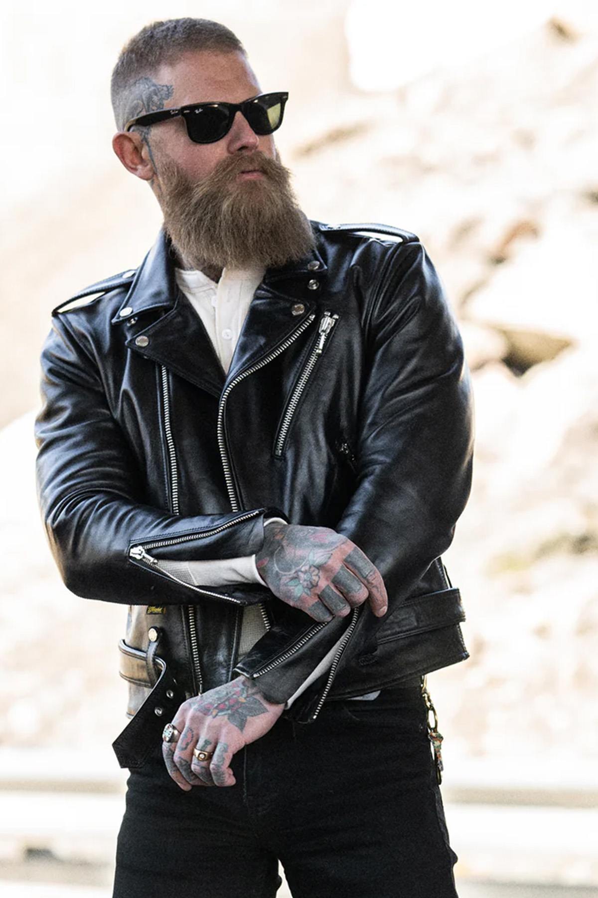 Black cowhide leather biker jacket - Image n°11