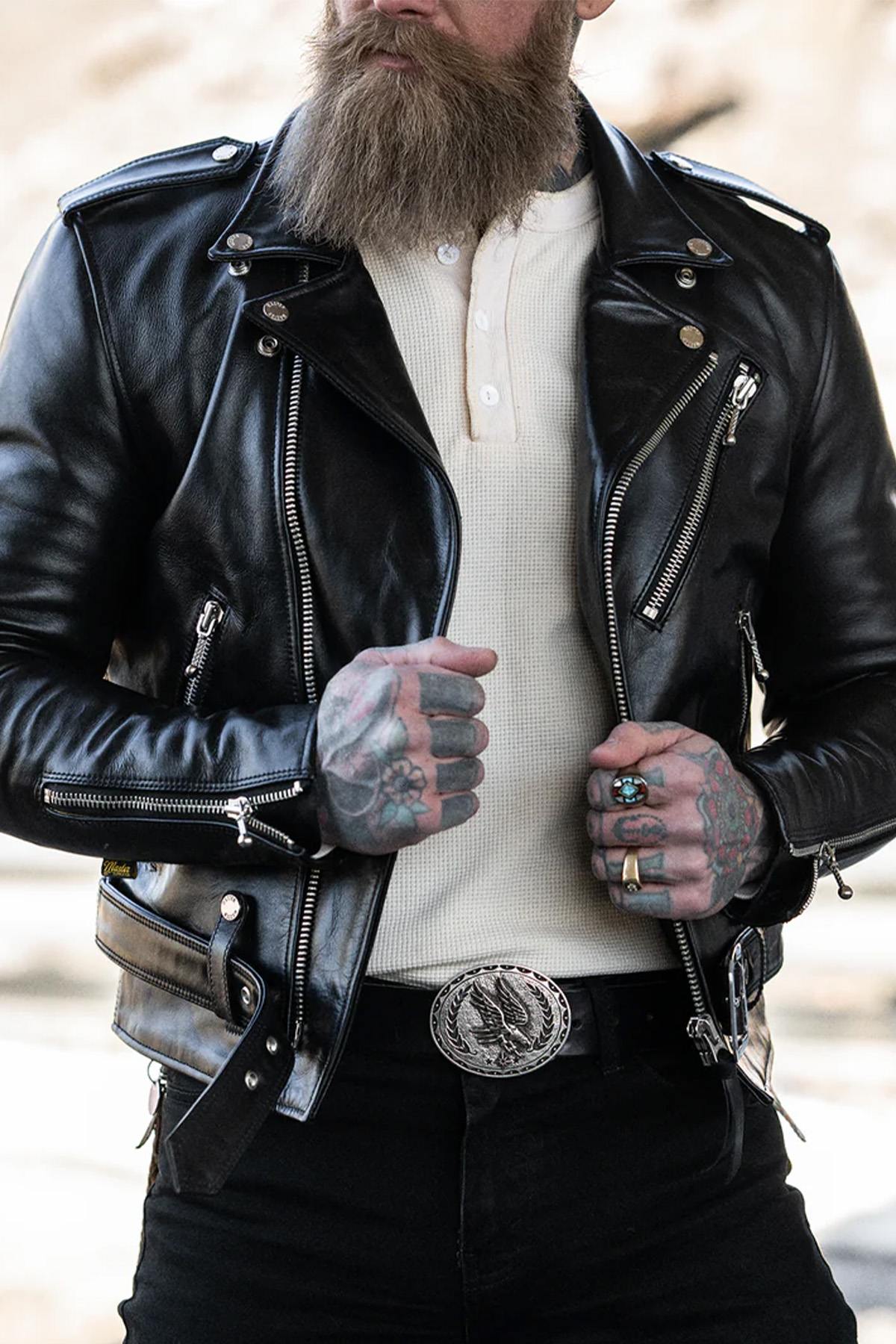 Black cowhide leather biker jacket - Image n°12