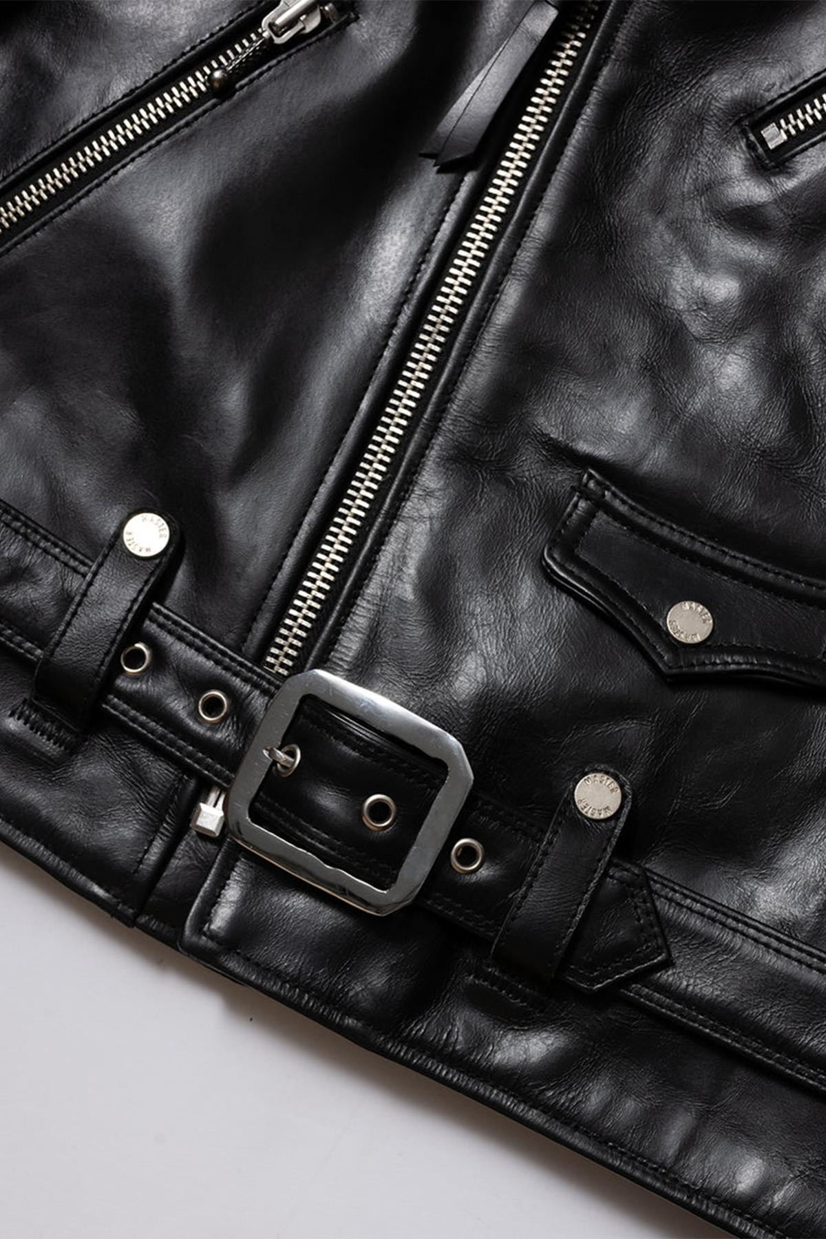 Black vegetable-tanned cowhide leather biker jacket - Image n°6