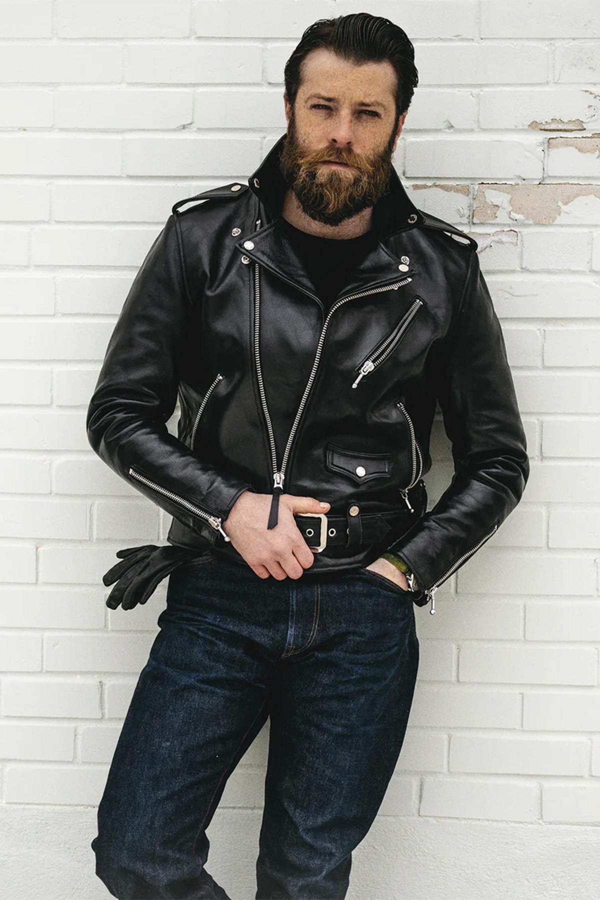 Black vegetable-tanned cowhide leather biker jacket - Image n°14