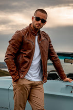 Brown leather jacket with biker collar - Image n°1