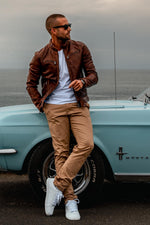 Brown leather jacket with biker collar - Image n°2