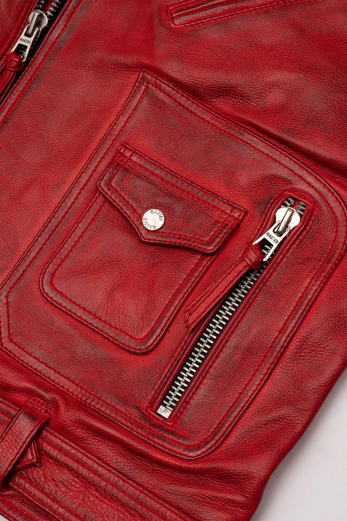 Red aged effect Biker Jacket in cowhide leather - Image n°5