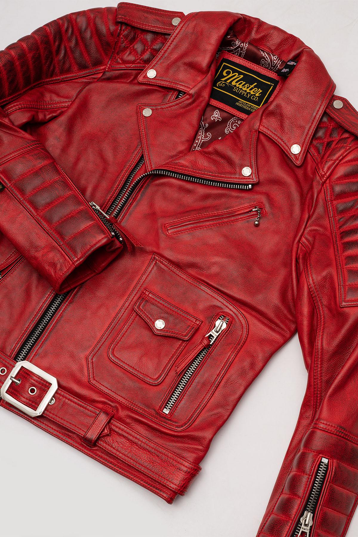 Red aged effect Biker Jacket in cowhide leather - Image n°10