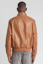 Sleek cognac-colored leather jacket with high collar - Image n°2