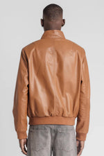 Sleek cognac-colored leather jacket with high collar - Image n°2