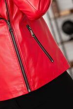 Red pearlised lambskin perfecto, slim fit. Rock-chic, Spanish leather. - Image n°7