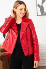 Red pearlised lambskin perfecto, slim fit. Rock-chic, Spanish leather. - Image n°1