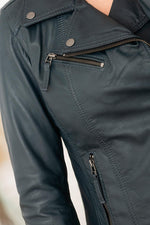 Blue leather biker jacket with floral cotton lining - Image n°7