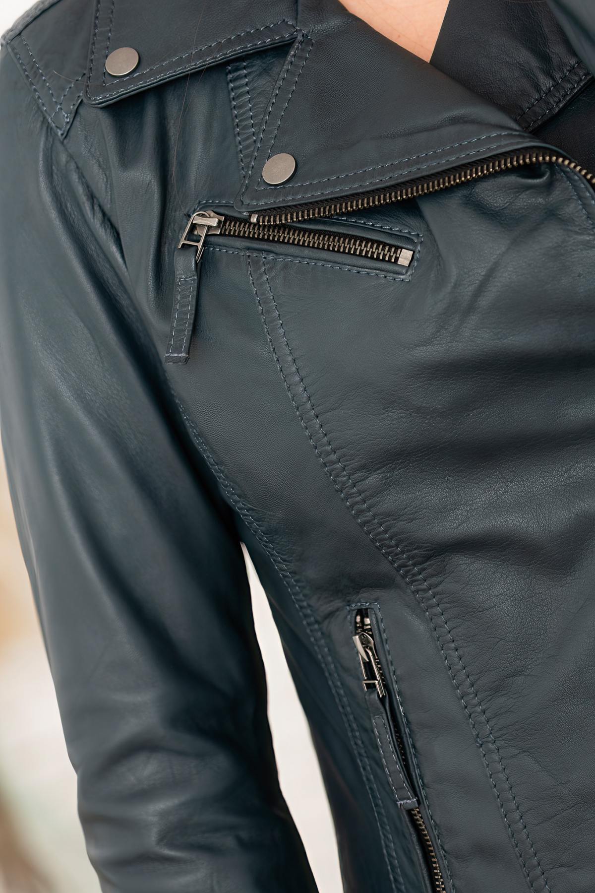 Blue leather biker jacket with floral cotton lining - Image n°7