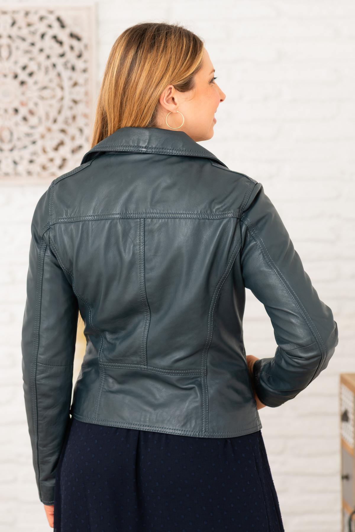 Blue leather biker jacket with floral cotton lining - Image n°5